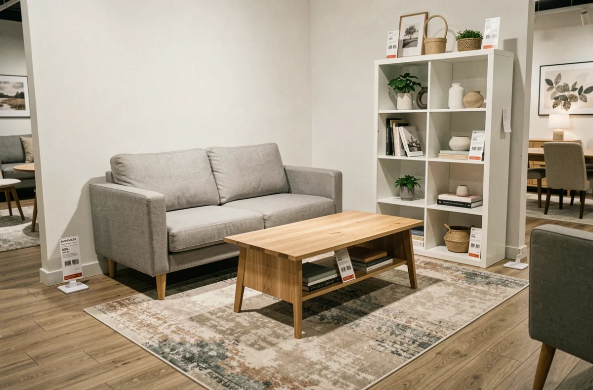 Salon meublé en style scandinave exposé en magasin avec canapé gris, table basse bois et bibliothèque blanche