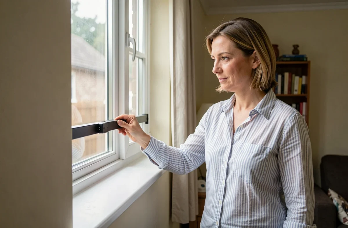 Femme installant une barre de sécurité sur une fenêtre intérieure pour protéger son domicile à petit budget