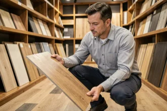 Spécialiste en revêtements de sol examinant un échantillon de parquet stratifié dans un showroom professionnel
