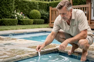 Homme testant la qualité de l'eau d'une piscine avec une bandelette de test près du bord