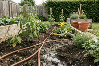 Système de goutte-à-goutte installé dans un potager pour arroser automatiquement les légumes en l'absence du jardinier