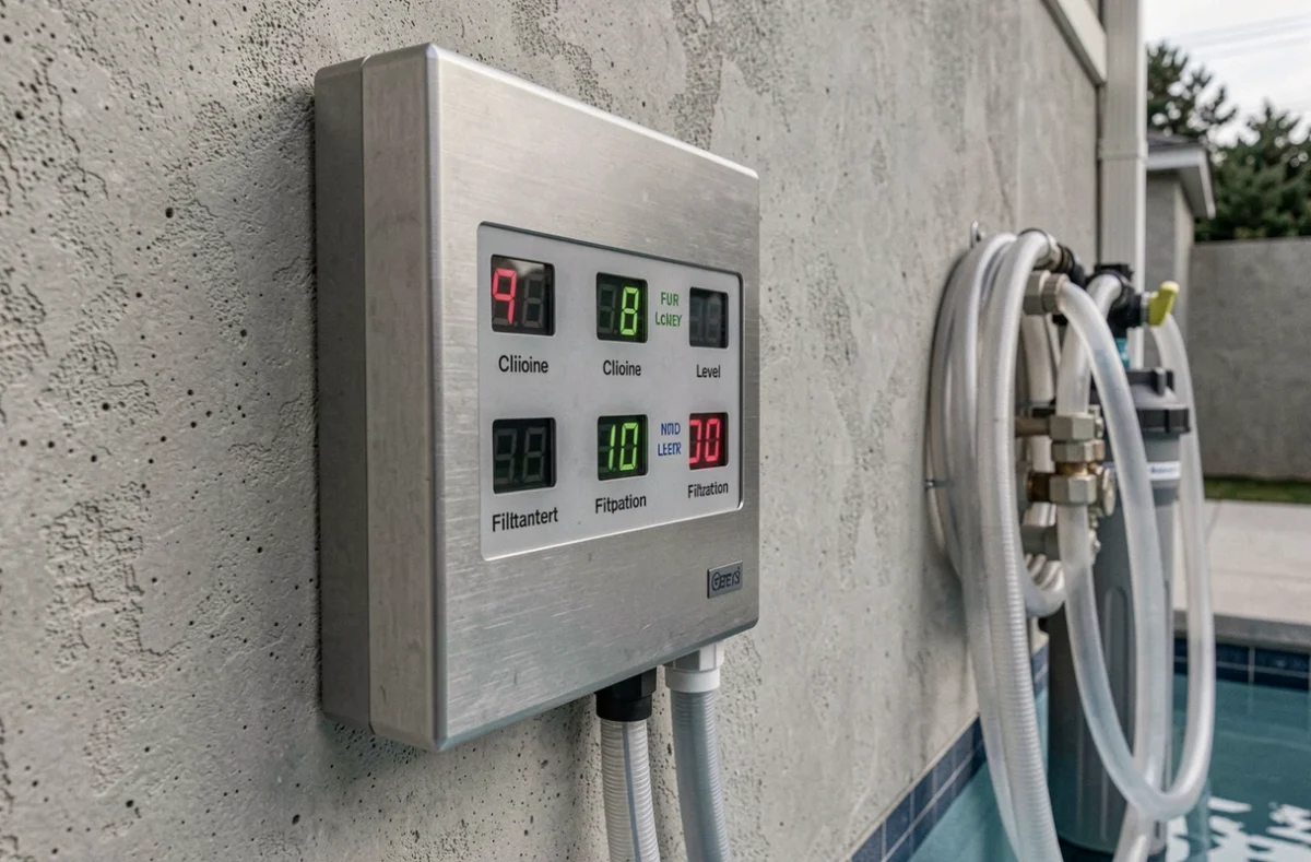 Tableau de contrôle électronique de surveillance d'une piscine fixé sur un mur extérieur