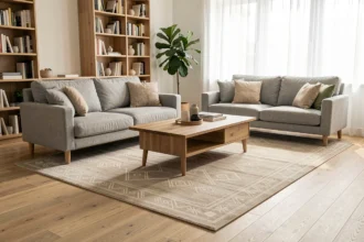 Tapis en laine centré sous une table basse dans un salon scandinave moderne avec canapé gris et parquet chêne