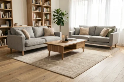 Tapis en laine centré sous une table basse dans un salon scandinave moderne avec canapé gris et parquet chêne