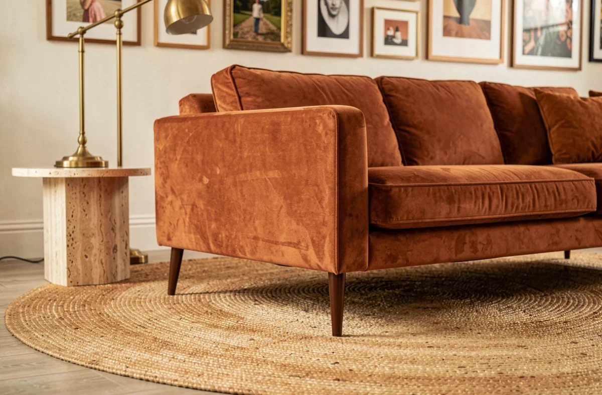 Placement d'un tapis rond en jute avec les deux pieds avant du canapé posés dessus dans un salon mid-century