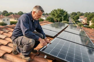 Technicien inspectant des panneaux solaires monocristallins installés sur un toit en tuiles d'une maison résidentielle