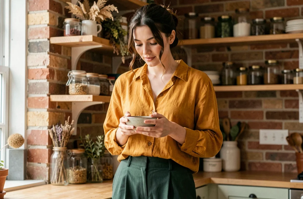 Femme portant un haut miel et un pantalon vert forêt dans une cuisine rustique aux murs en briques