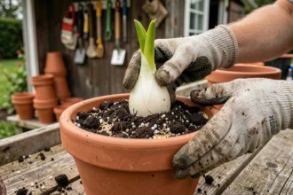 Mains de jardinier rempotant un bulbe de lys dans un pot en terre cuite avec un terreau riche et du perlite