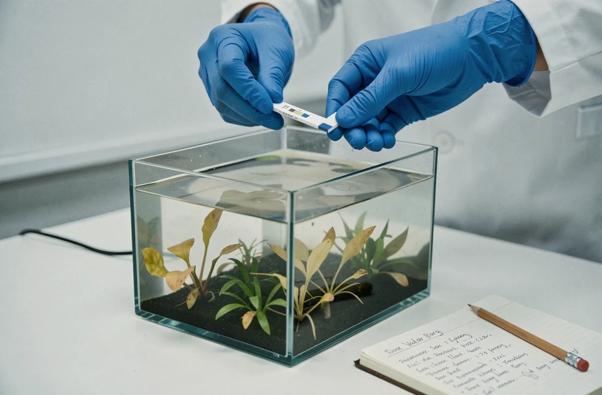 Mains gantées testant le pH d'un aquarium avec des plantes aquatiques présentant des signes de dégradation