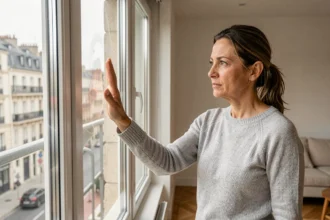 Femme testant la qualité thermique de sa fenêtre double vitrage en appartement