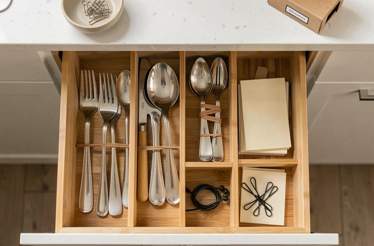 Vue aérienne d'un tiroir de cuisine organisé avec un range-couverts en bambou, des ustensiles triés et des petits accessoires de bureau