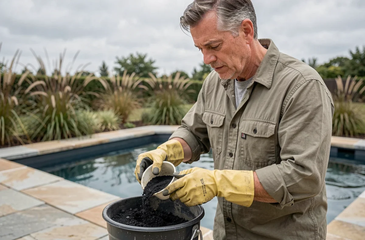Homme ajoutant un traitement naturel dans l'eau d'une piscine naturelle avec des gants de protection dans un jardin