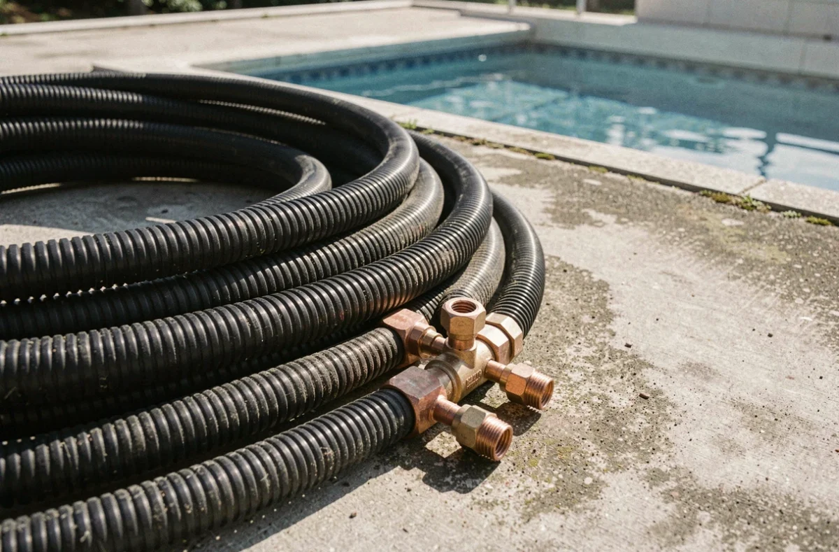 Gros plan sur des tuyaux PEHD noirs de chauffage solaire installés sur un toit de local technique de piscine