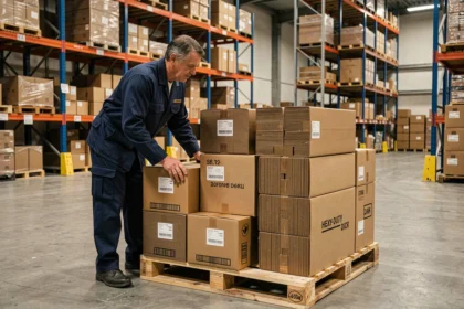Ouvrier d'entrepôt empilant différents types de cartons ondulés sur une palette dans un entrepôt industriel
