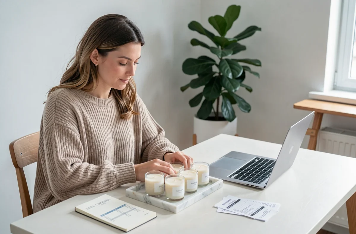 Entrepreneuse photographiant ses bougies artisanales pour une boutique en ligne depuis son bureau à domicile