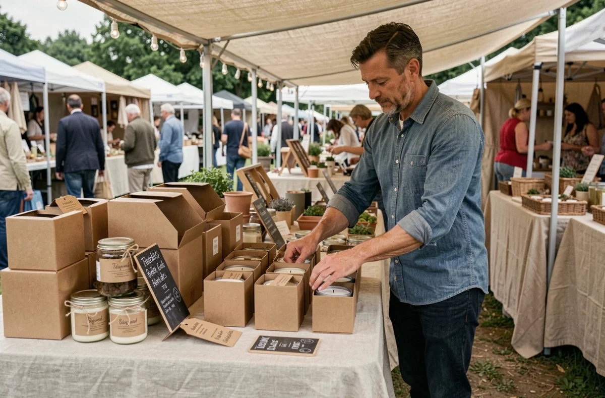 Vendeur présentant des bougies artisanales parfumées emballées sur un stand de marché avec étiquettes et prix