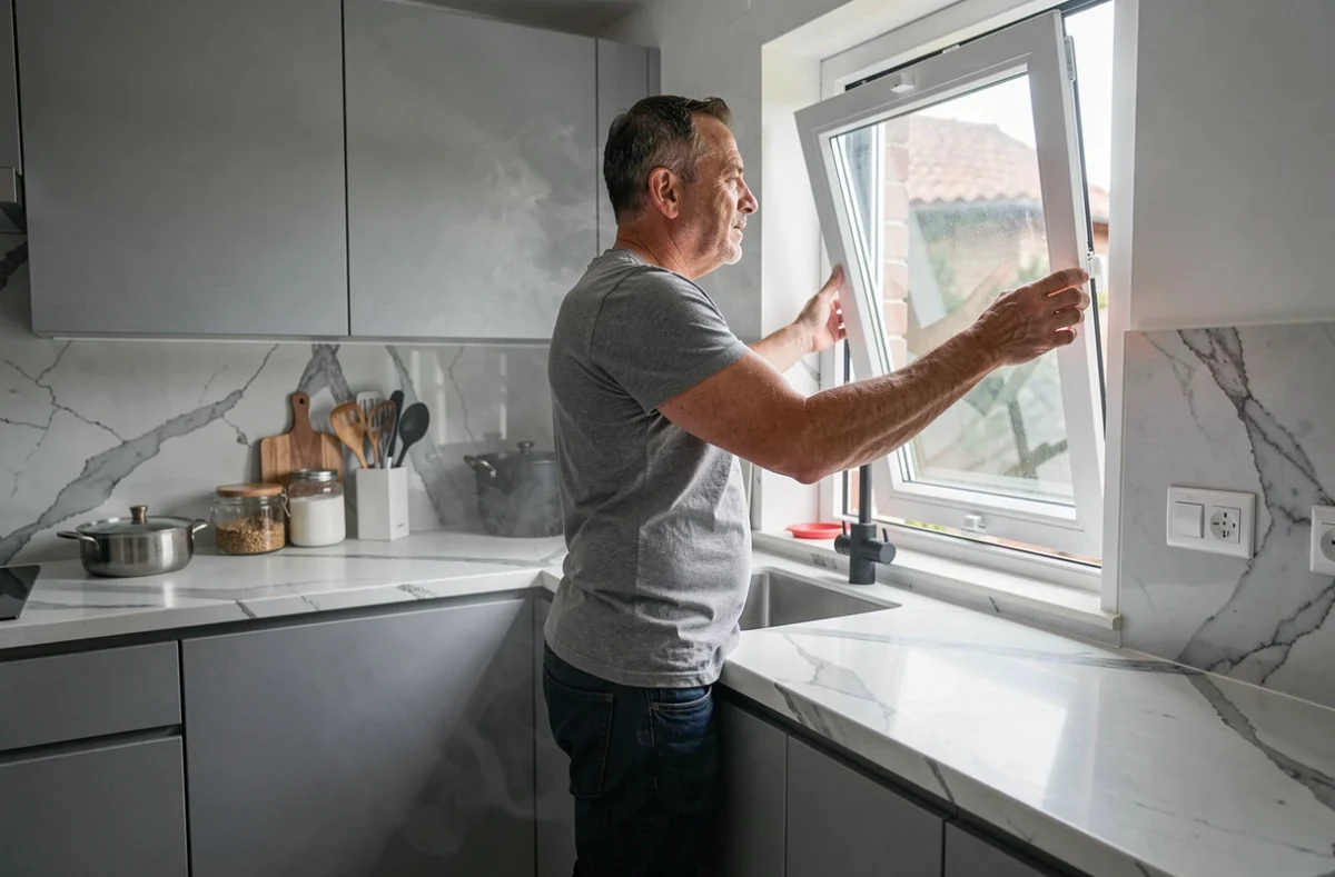 Homme ouvrant une fenêtre de cuisine pour renouveler l'air intérieur et réduire la pollution domestique