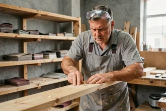 Artisan en tablier examinant attentivement une planche de bois après ponçage dans un atelier menuiserie