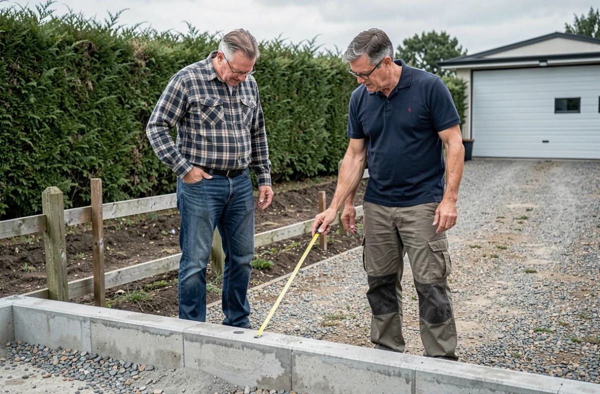 Deux voisins mesurant les limites de propriété avant la pose d'une dalle béton