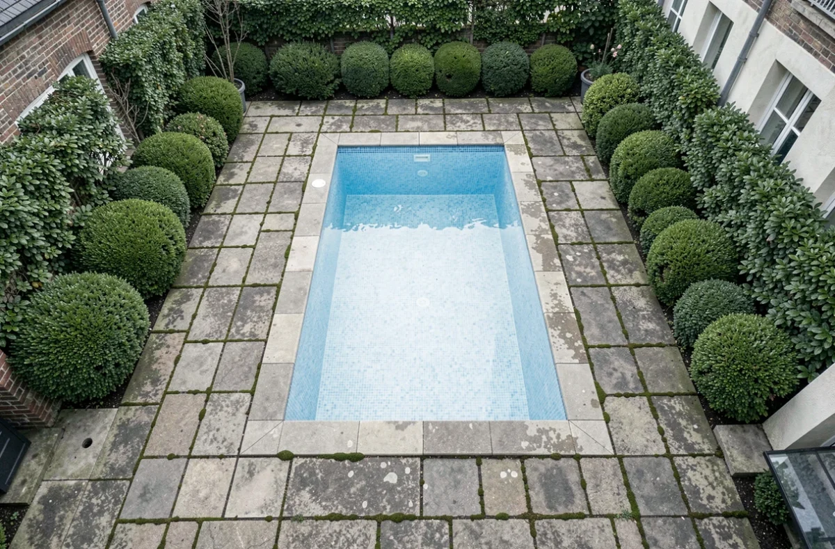 Vue aérienne d'une petite piscine enterrée en jardin urbain français montrant la surface réduite de la piscine